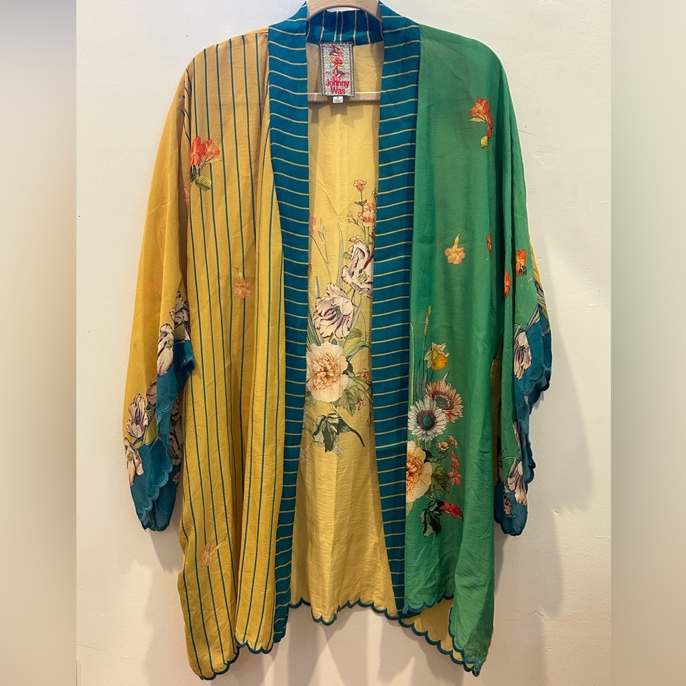 Johnny Was Kimono Womens Size M Multicolor Floral Print Pockets Cupra Rayon